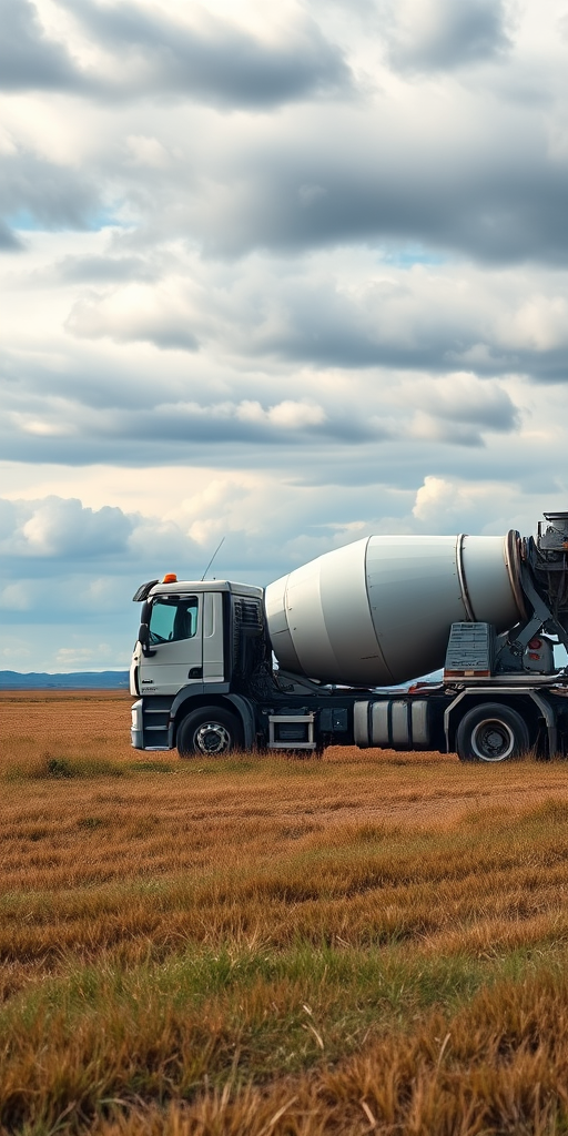 Create an image of a cement mixer truck in a vast field under a cloudy sky, captured with a DSLR camera at f/8 aperture, 1/250s shutter speed, ISO 200, wide-angle lens, and a vibrant color profile for enhanced clarity and details.