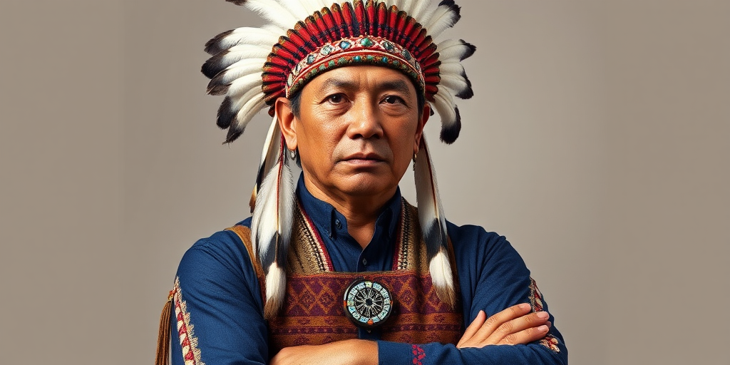 Create a dignified portrait of a Native American man dressed in traditional attire. He wears a beautifully crafted headdress adorned with white feathers and red beads, along with a beaded headband featuring intricate patterns. His clothing includes a deep blue, patterned shirt and a traditional chest piece with detailed beadwork. His arms are crossed, displaying leather armbands decorated with feathers. The background is simple and neutral, emphasizing his proud and stoic expression. The overall image captures the rich cultural heritage and strength of his persona.