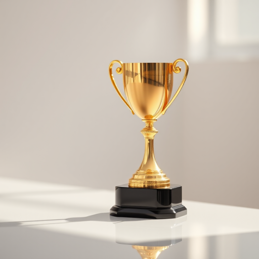 Create a high-resolution image of a gold trophy on a glossy black base, using a DSLR camera with a 50mm lens, aperture set to f/1.8 for a shallow depth of field, at a 45-degree angle, soft natural lighting for enhanced reflections, and 4K resolution for clarity.