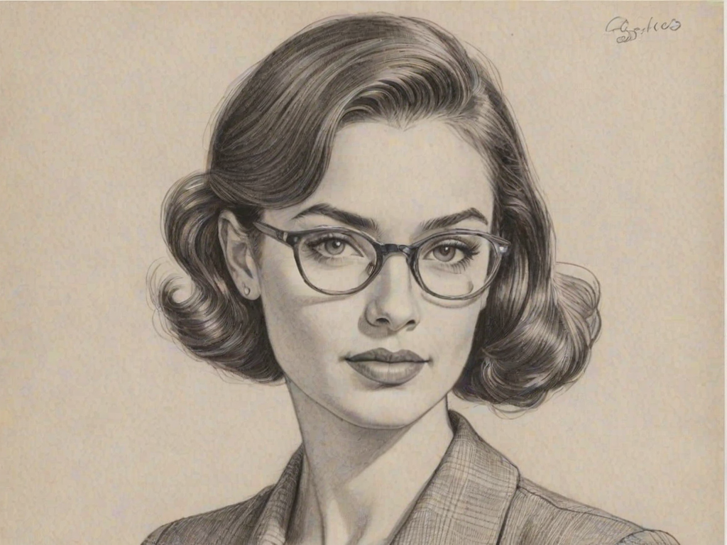 Superb Caitlin McHugh, pencil sketch, portrait of Splendid woman 1936s in glasses, hair style beatnik, outline, clear lines, fine lines, 8k