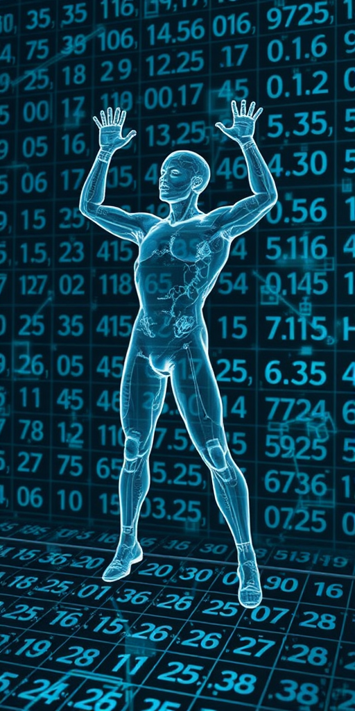 Create an image of a transparent human figure in a dynamic pose, overlaid on a grid of numbers and scientific symbols, shot with a DSLR camera at f/2.8, ISO 400, 1/60s, using a wide-angle lens, in a low-light environment for a futuristic effect.