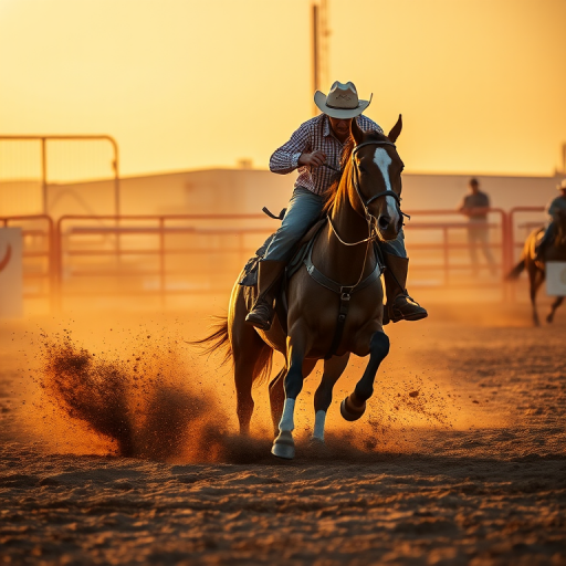 capture a dynamic rodeo scene featuring a rider skillfully controlling a horse in mid-action with dust flying, shot during golden hour with a shallow depth of field, using a DSLR camera with a 50mm lens at f/2.8, ISO 200, shutter speed 1/1000s, from a low angle to emphasize the motion and excitement of the event