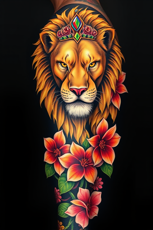 Neo-traditional full sleeve tattoo depicting a fierce lion with a majestic mane, adorned with jewels and surrounded by lush tropical flowers in bold, saturated colors