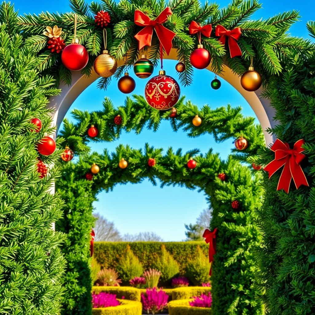 Create an image of a beautifully decorated outdoor archway surrounded by lush greenery. The archway should be adorned with colorful Christmas ornaments in red, green, and gold, hanging from pine branches above. The background should feature a well-manicured garden with vibrant plants under a clear blue sky.