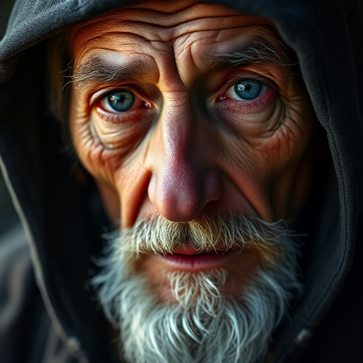 portrait of an elderly man with a deep gaze, detailed wrinkles and a wispy beard, wearing a dark hood, softly illuminated by natural light, 85mm lens, aperture f/1.8, shutter speed 1/125, ISO 200, shallow depth of field, Canon EOS R5