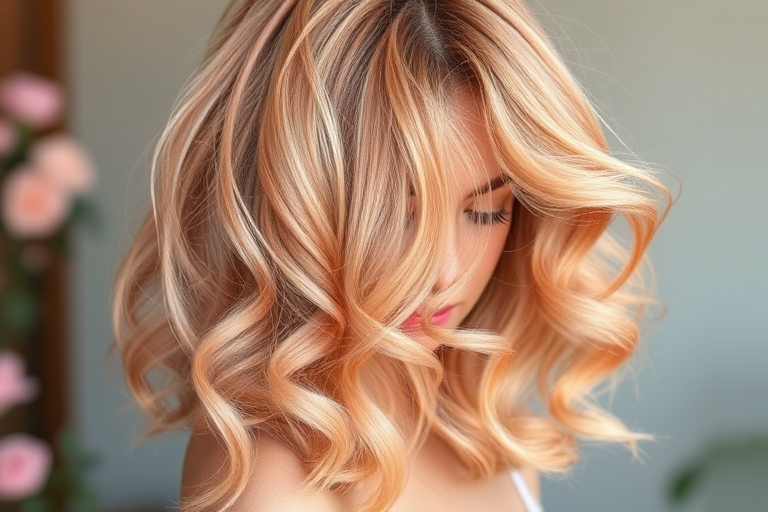 Soft rose gold hair in voluminous, bouncy curls embodies the romantic "Blush Blossom" style, featuring delicate peach and champagne highlights that add warmth and dimension to the feminine hues, creating a dreamy and ethereal look reminiscent of blooming flowers and sunset skies