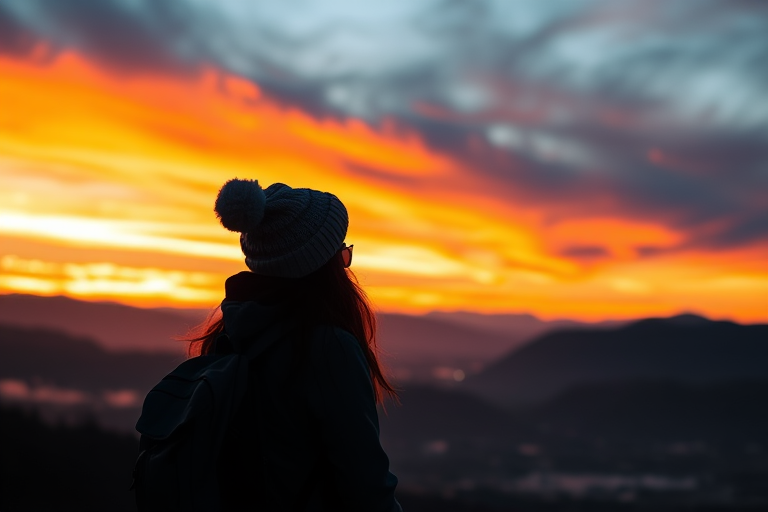 Create a vibrant sunset scene with a silhouette of a girl wearing a beanie and a backpack, standing against a backdrop of colorful clouds and mountains, shot with a DSLR camera, 35mm lens, f/1.8 aperture, ISO 100, at sunset for enhanced colors and contrast.