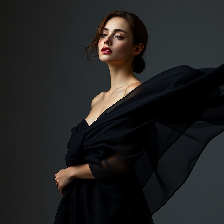 Create an ethereal fashion portrait of a model in flowing dark fabric, utilizing a 50mm lens, f/1.8 aperture, ISO 100, with soft diffused lighting from the side, shot in a studio with a gray background for mood enhancement.