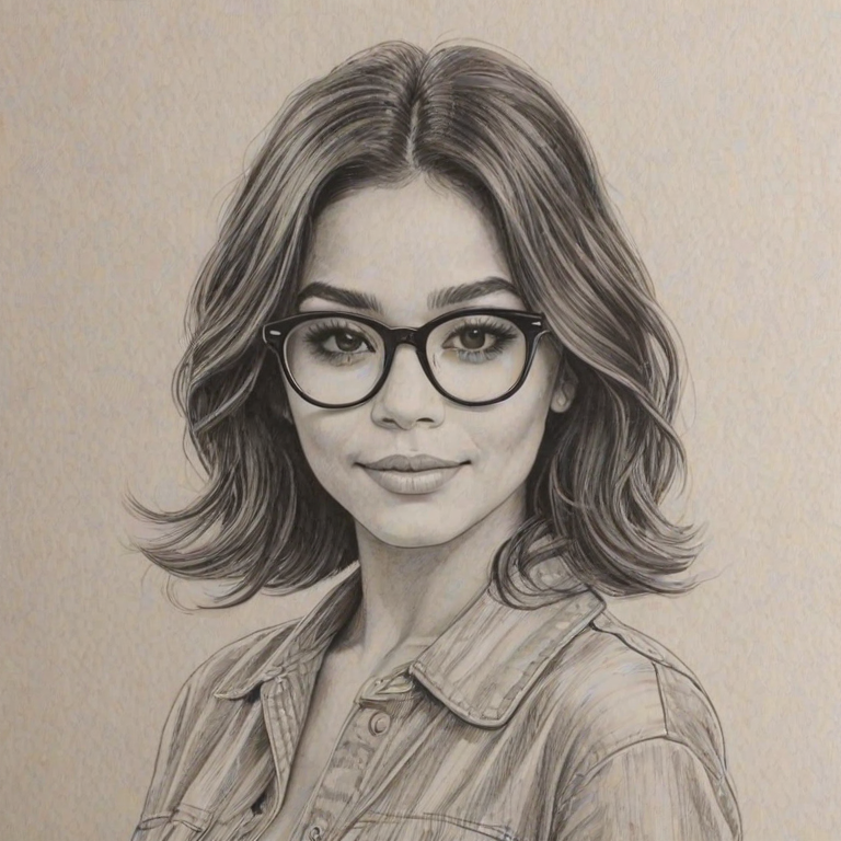 Delightful Vanessa Hudgens, pencil sketch, portrait of Radiant woman 1960s in glasses, hair style beatnik, outline, clear lines, fine lines, 8k