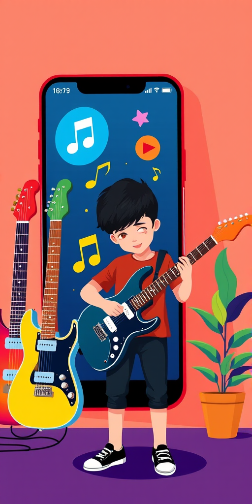 create an illustration of a young boy playing an electric guitar in front of a large smartphone with music notes and icons, include three colorful electric guitars on the left and a potted plant on the right, use a bright color palette, style it in a flat design, camera settings: f/8, ISO 100, 1/60s, camera view: eye-level, camera style: digital illustration, camera type: vector art