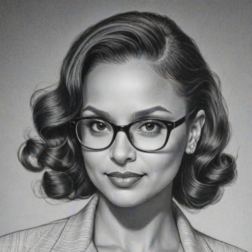 Fetching Danielle Nicolet, pencil sketch, portrait of Gorgeous woman 1940s in glasses, hair style beatnik, outline, clear lines, fine lines, 8k