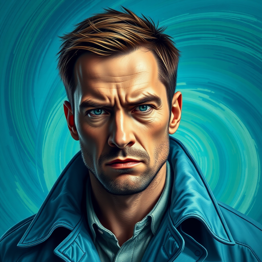 Generate a high-quality digital artwork of a man with short brown hair and an intense expression, wearing a light blue coat, set against a swirling blue and green background; use a Canon EOS R5, 50mm f/1.2 lens, with an aperture of f/2.8 and ISO 100 for sharp details and vibrant colors.