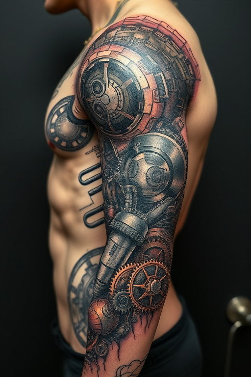Biomechanical tattoo named "Cybernetic Symphony" depicting intricate gears, pistons, and circuitry seamlessly integrated with human anatomy, creating the illusion of a mechanical inner workings beneath the skin, with hyper-realistic shading and metallic highlights to enhance the three-dimensional effect, ideal for sci-fi fans and technology enthusiasts.