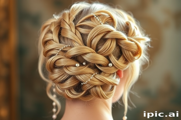 Gilded Champagne Shimmer boasts a luxurious blend of pale gold and warm beige tones, styled in an intricate updo with delicate braided details and pearl accents
