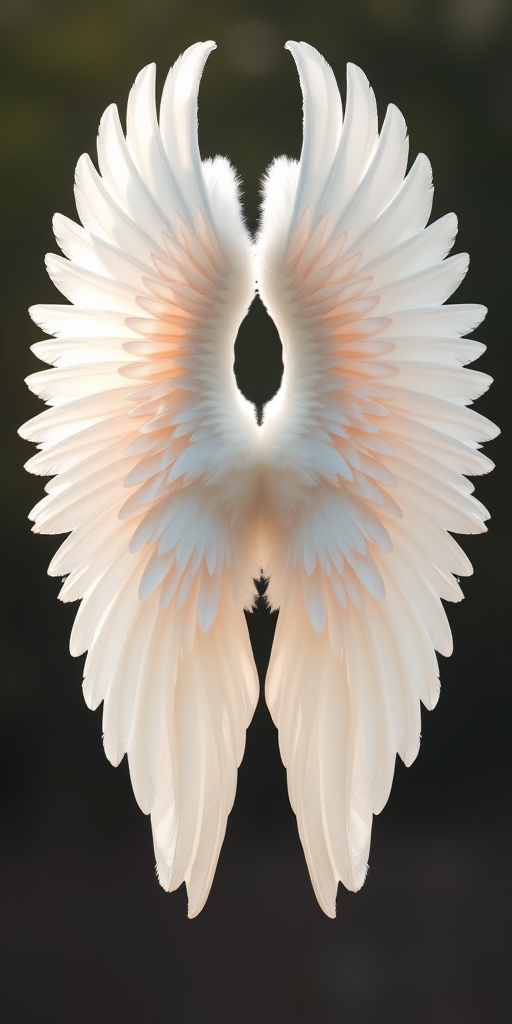 A pair of majestic white wings displayed symmetrically, captured with a Canon EOS R5, 50mm lens, f/2.8 aperture, ISO 100, natural light, focus on intricate feather details and soft background blur.
