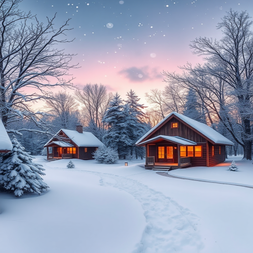Create a winter landscape with two cozy cottages in the snow, surrounded by trees with snow-covered branches, softly falling snowflakes in a twilight sky, shot with a DSLR camera at f/8 aperture, 50mm lens, ISO 200, using a wide-angle view for a panoramic effect.