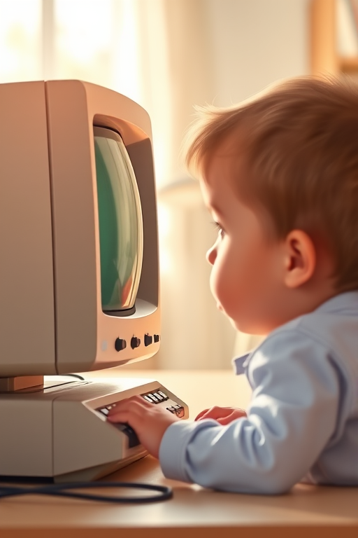 create a digital illustration of a child staring at a retro computer, using soft color gradients, high-resolution vector graphics, with a depth of field effect to enhance focus on the child, shot at f/2.8 aperture, 50mm lens, in a bright indoor setting, illuminated with soft natural light