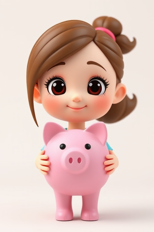 Create a high-resolution 3D render of a cartoon female character with a pink piggy bank, using a Canon EOS 5D Mark IV, 35mm lens, f/4 aperture, ISO 100, 1/125 shutter speed, front view with soft lighting for enhanced detail and clarity.