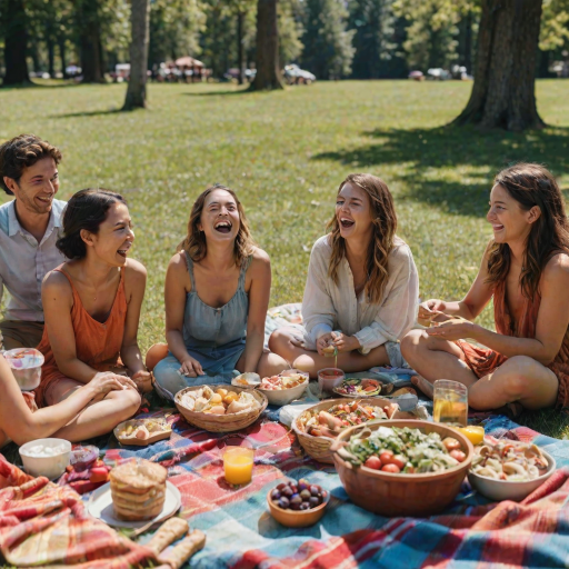 Blurry candid shot of a woman laughing with friends at an outdoor picnic, vibrant blankets spread out on the grass, and colorful food spread out around them under a clear blue sky.