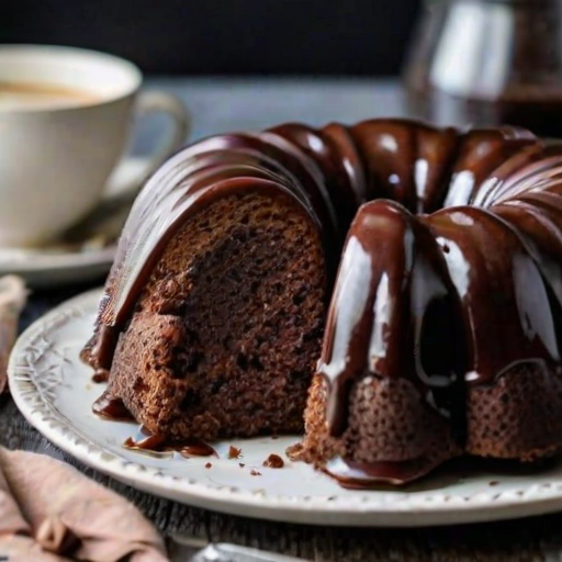 Create an image of a rich chocolate bundt cake with a glossy chocolate glaze. The cake should be partially sliced to show its moist texture, and it should be displayed on a white plate with a vintage silver knife beside it. Include a soft, rustic table setting in the background with a few scattered plates and a cloth.