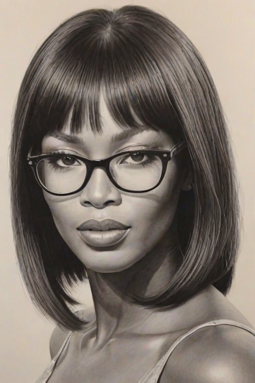 Captivating Naomi Campbell, pencil sketch, portrait of Resplendent woman 1955s in glasses, hair style beatnik, outline, clear lines, fine lines, 8k