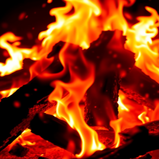 Generate a high-resolution image of a raging fire with intense flames and orange-red hues, shot with a DSLR camera, aperture f/1.8, shutter speed 1/500 sec, ISO 200, and a close-up view to capture the details of the flames.