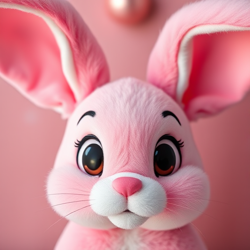 Create a cute pink bunny character head with large eyes and soft ears, shot in 4K resolution with a DSLR camera using a 50mm lens at f/2.8, with vibrant colors and a smooth background blur.