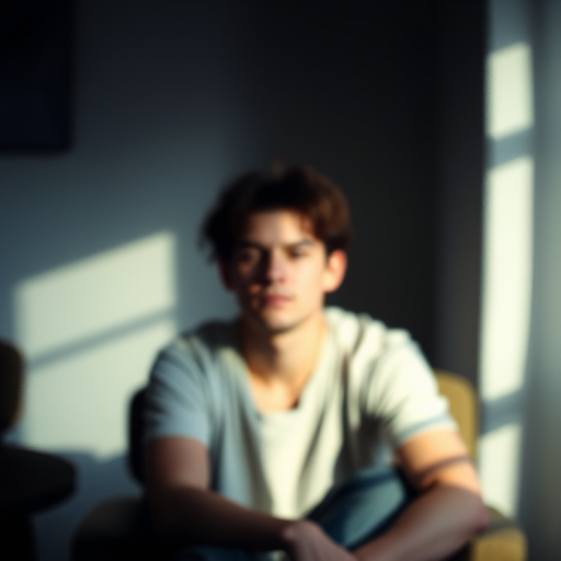 Create an abstract portrait of a person sitting in a dimly lit room, with soft focus and textured brushstroke effects, using a Canon EOS 5D Mark IV with a 50mm f/1.8 lens, setting aperture at f/2.8, ISO 100, shutter speed 1/60s, in natural light for enhanced image quality.