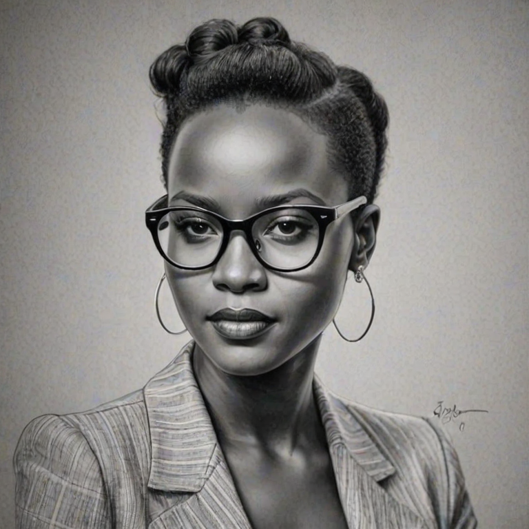 Beauteous Lupita Nyong'o, pencil sketch, portrait of Ravishing woman 1938s in glasses, hair style beatnik, outline, clear lines, fine lines, 8k