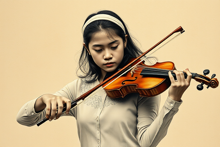 a young Malay woman with a white headband playing a violin, in the style of a charcoal drawing, sepia grunge background