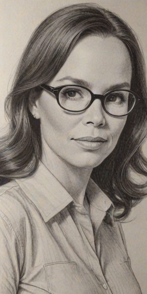Gorgeous Barbara Hershey, pencil sketch, portrait of Attractive woman 1952s in glasses, hair style beatnik, outline, clear lines, fine lines, 8k