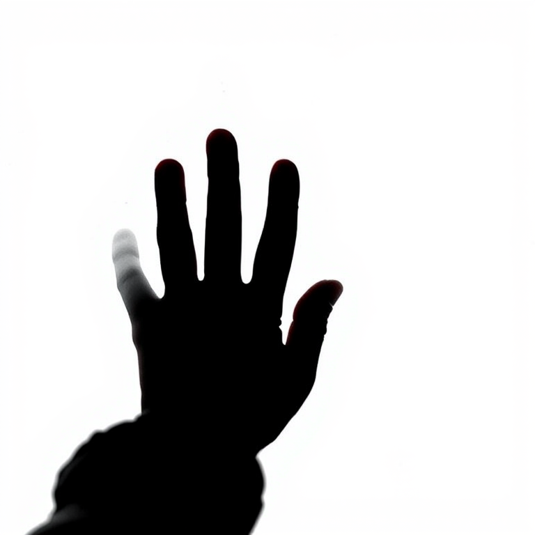Generate an image of a raised hand silhouette against a white background, using a DSLR camera with a 50mm lens, aperture set at f/1.8, shutter speed at 1/200 sec, and ISO 100, in natural light for enhanced detail and contrast.