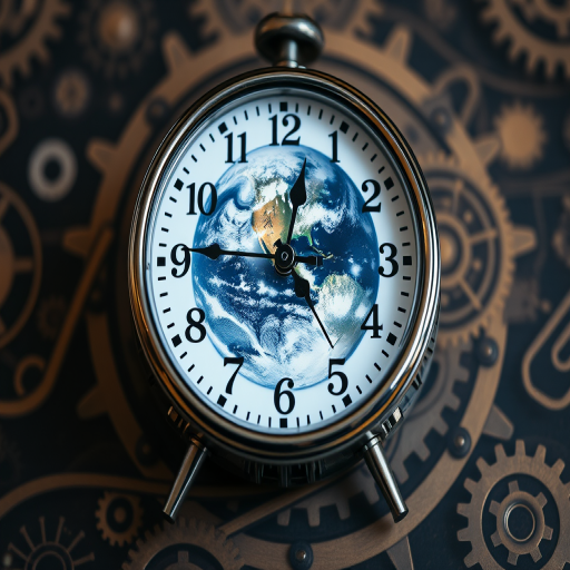 A close-up of a clock displaying Earth instead of typical clock face, set against a steampunk-style patterned background, using a DSLR camera with a 50mm lens, f/2.8 aperture, ISO 100, shot at a 1/100 sec shutter speed, natural lighting for enhanced clarity and detail.