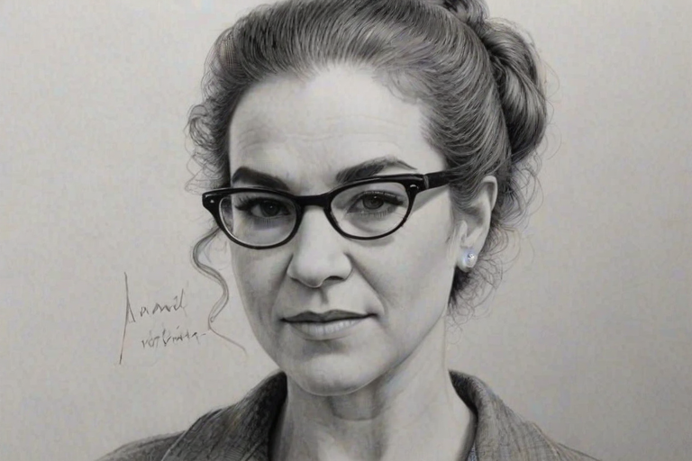Superb Mandy Patinkin, pencil sketch, portrait of Wonderful woman 1936s in glasses, hair style beatnik, outline, clear lines, fine lines, 8k