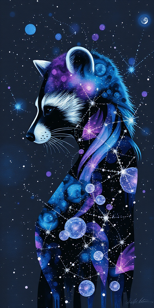 Captivating conceptual render alcohol ink art, double exposure, the paint strokes artfully merge combining a woman's full silhouette with a Curious raccoon's silhouette. The figures are composed of a series of colored dots, lines & spots that evoke the image of a cosmic galaxy, colors are deep shades of blue purple & black with flashes of white & silver representing distant stars. The woman's silhouette is formed within the lion's silhouette from constellations of scattered stars, surreal
