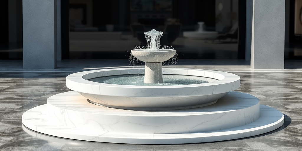 Create a realistic rendering of a modern, marble water fountain with a circular basin and a smooth, sculptural base, shot with a DSLR camera at f/8, 50mm focal length, ISO 100, and natural lighting.