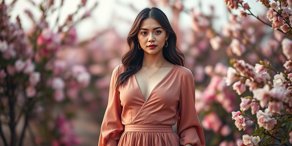 Create a soft-focus portrait of a woman in an elegant outfit with a deep v-neck top and a flowing skirt, standing amidst a backdrop of blooming flowers, using a Canon EOS R5 with a 50mm f/1.2 lens, aperture set to f/2.8, ISO 100, and a warm color profile to enhance details and softness.