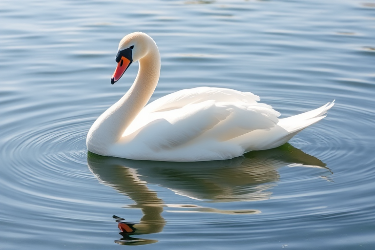 Regenerate an image of a swan gracefully swimming in clear water, captured in natural light using a DSLR camera with a 50mm lens, aperture f/2.8, ISO 100, shutter speed 1/200s, focusing on the swan's reflection for a serene effect.