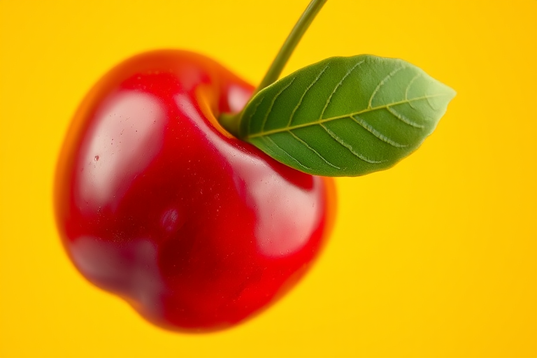 regenerate a vibrant red cherry with a shiny surface and a green leaf, set against a blurred bright yellow background, using a DSLR camera with a 50mm lens at f/1.8, ISO 100, 1/200s shutter speed, top-down view, high dynamic range style for enhanced quality and detail
