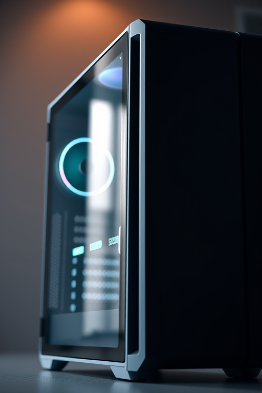 high-resolution image of a modern computer tower from a side view, soft lighting, photorealistic style, DSLR camera, f/2.8 aperture, ISO 100, 50mm lens, shallow depth of field
