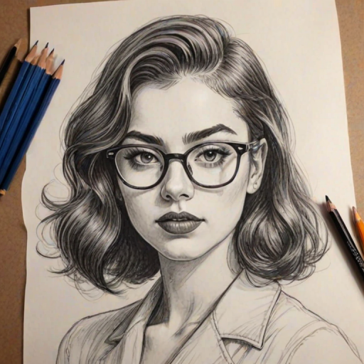 Superb Charlie XCX, pencil sketch, portrait of Alluring woman 1932s in glasses, hair style beatnik, outline, clear lines, fine lines, 8k