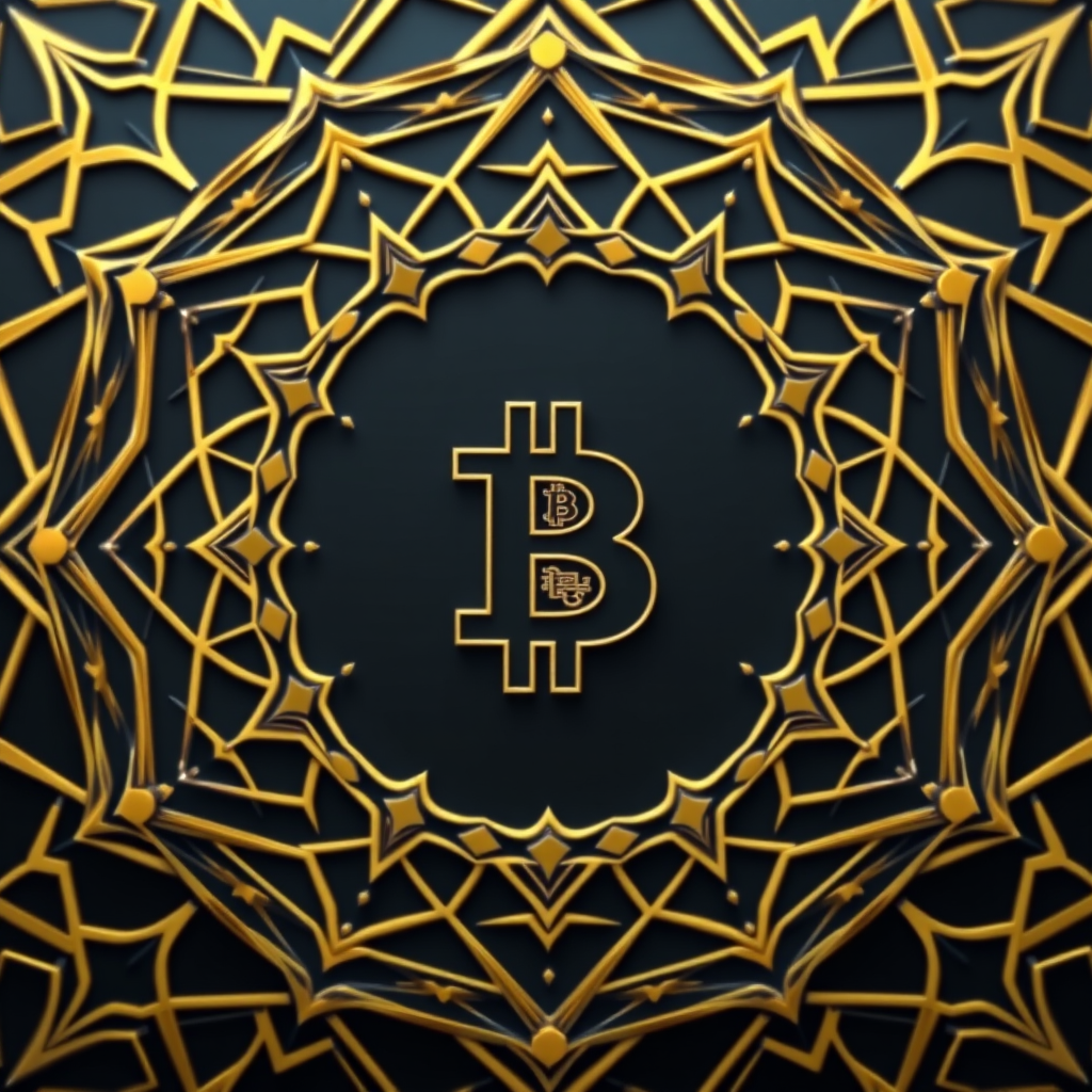 Create a high-resolution digital illustration of a Bitcoin symbol centered in an intricate black and gold geometric background, 50mm lens, f/2.8 aperture, ISO 100, 1/250 sec shutter speed, top-down view, using a DSLR camera.