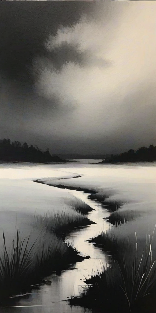 create an abstract landscape painting using various shades of black and white with soft, blended brush strokes and a smooth gradient transition from light to dark