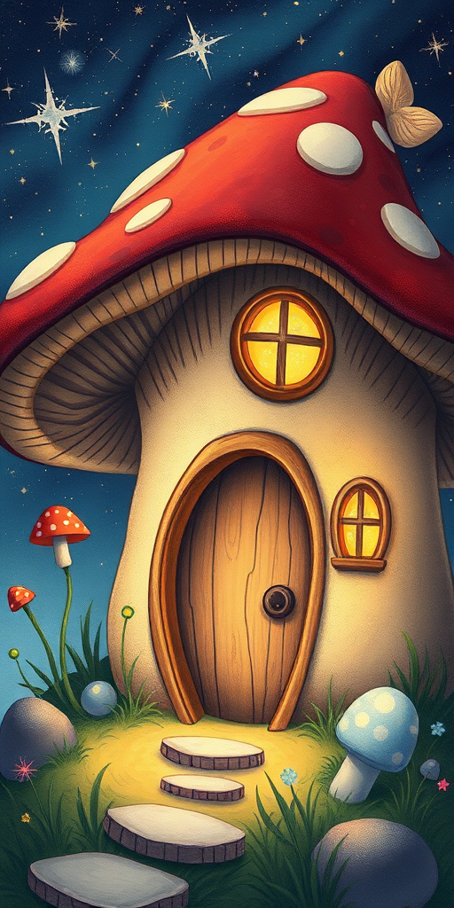 generate illustration of a mushroom house with a door and a window, a storybook , fantasy art, mushroom house, bg starry sky, sparkles