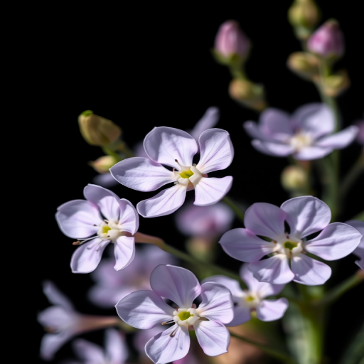 A high-resolution close-up photograph of pale purple flowers against a black background, using a Canon EOS 5D Mark IV with a 100mm f/2.8 macro lens, aperture set to f/4 for soft background blur, ISO 200 for clear detail, and natural sunlight as the light source.