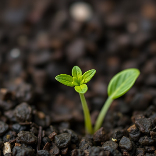 A close-up shot of a small green plant with four leaves emerging from dark, rich soil, taken with a Canon EOS 5D Mark IV at f/4.0, 1/125 sec, ISO 100, natural light, macro view to enhance details and vibrant colors.