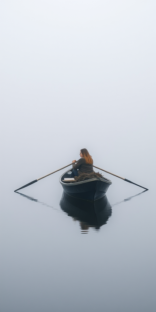 Small fishing boat in a calm lake, surrounded by mist, a woman rows gently through the still water, the silence only broken by the sound of her oars.