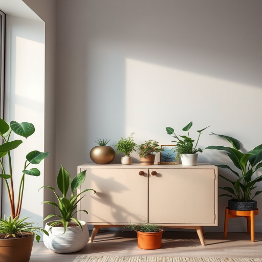 modern interior scene with a minimalist cabinet and various houseplants in decorative pots, soft natural lighting, camera settings: f/4, ISO 200, 1/60s, wide-angle lens, shot from a slightly elevated angle, digital camera