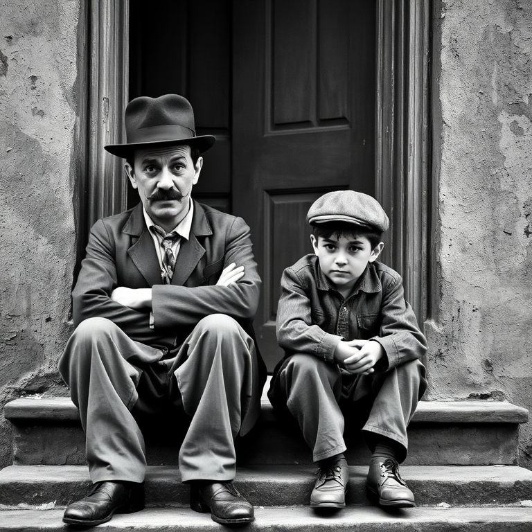 A black-and-white photograph of a man and a child sitting on steps in front of a doorway. The man is dressed as a tramp with a bowler hat, mustache, and ragged clothes, reminiscent of Charlie Chaplin's iconic look. He is sitting with his arms crossed and an expression of slight sadness or frustration. Next to him is a young boy, also in worn clothes and a cap, sitting with his hands clasped, looking thoughtful. The background is an old, textured wall and a partially open door, creating a vintage, early 20th-century atmosphere.