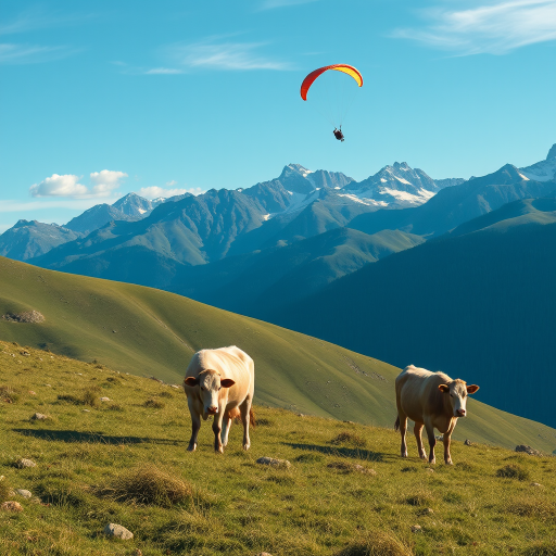 Generate an image of a picturesque alpine landscape with three cows grazing in the foreground, a paraglider soaring in the blue sky above, mountains in the background, captured using a DSLR camera with a 24mm lens, aperture set to f/8, ISO 100, and a shutter speed of 1/250 sec for enhanced clarity and vibrant colors.